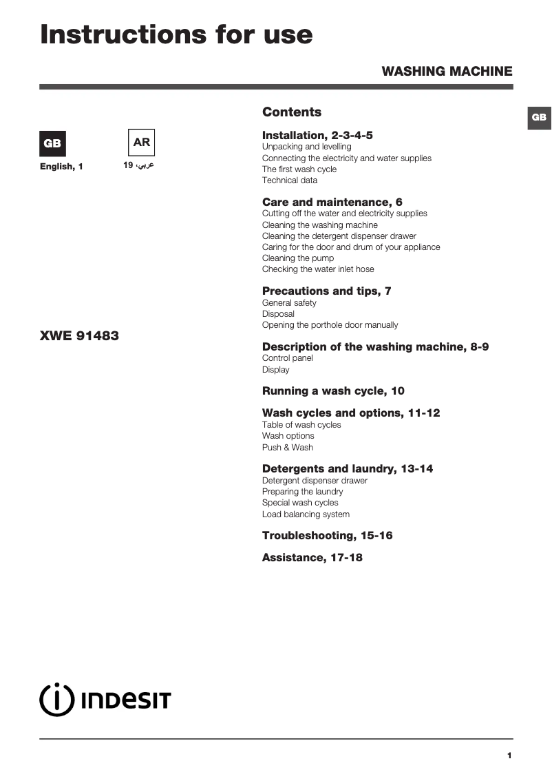 Page n°1 - Mode d'emploi Indesit XWE 91483X S UK
