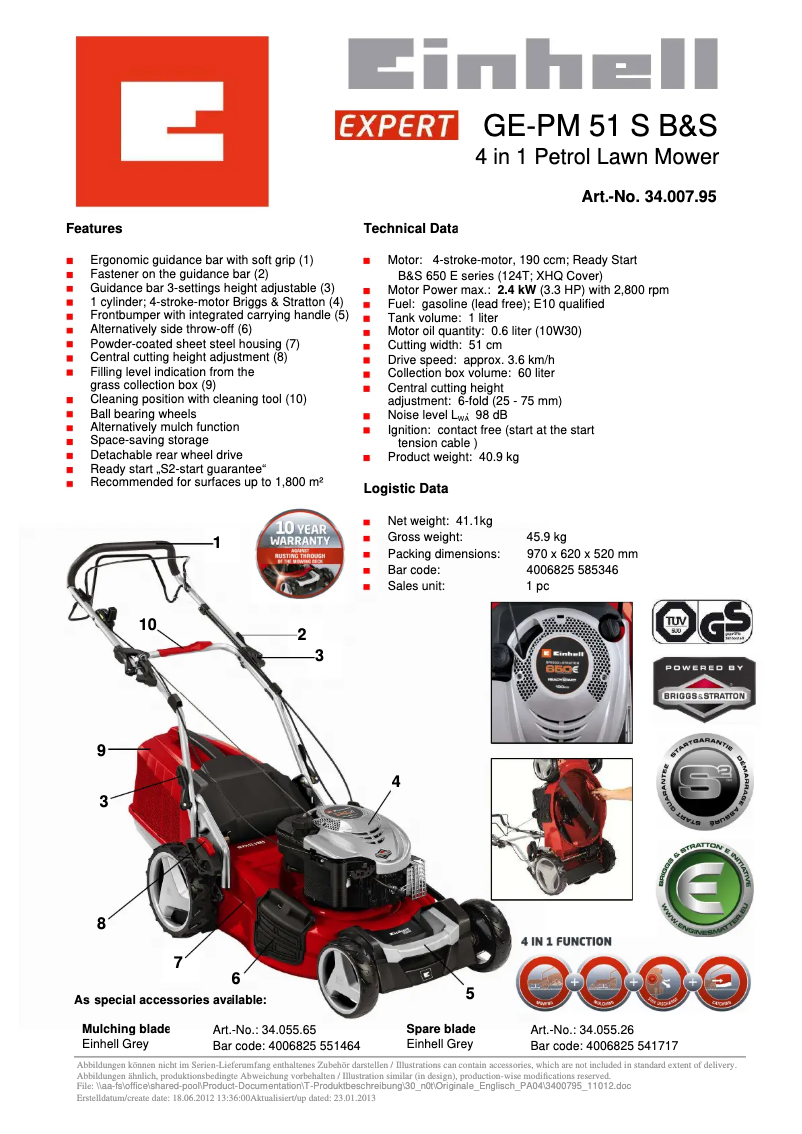 Page 1 de la notice Fiche technique Einhell GE-PM 51 S B&S