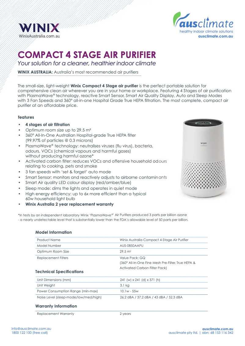 Page 1 de la notice Manuel utilisateur Winix AUS-0850AAPU