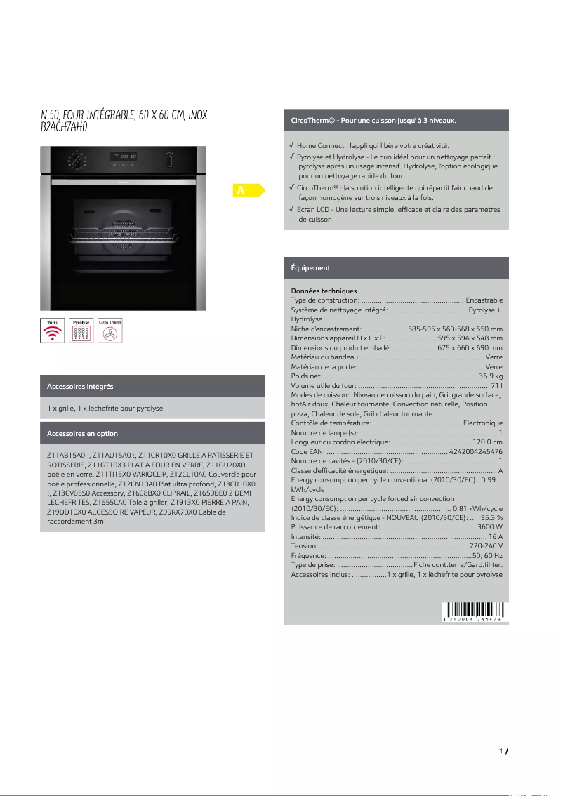 Page n°1 - Fiche technique Neff B2ACH7AH0
