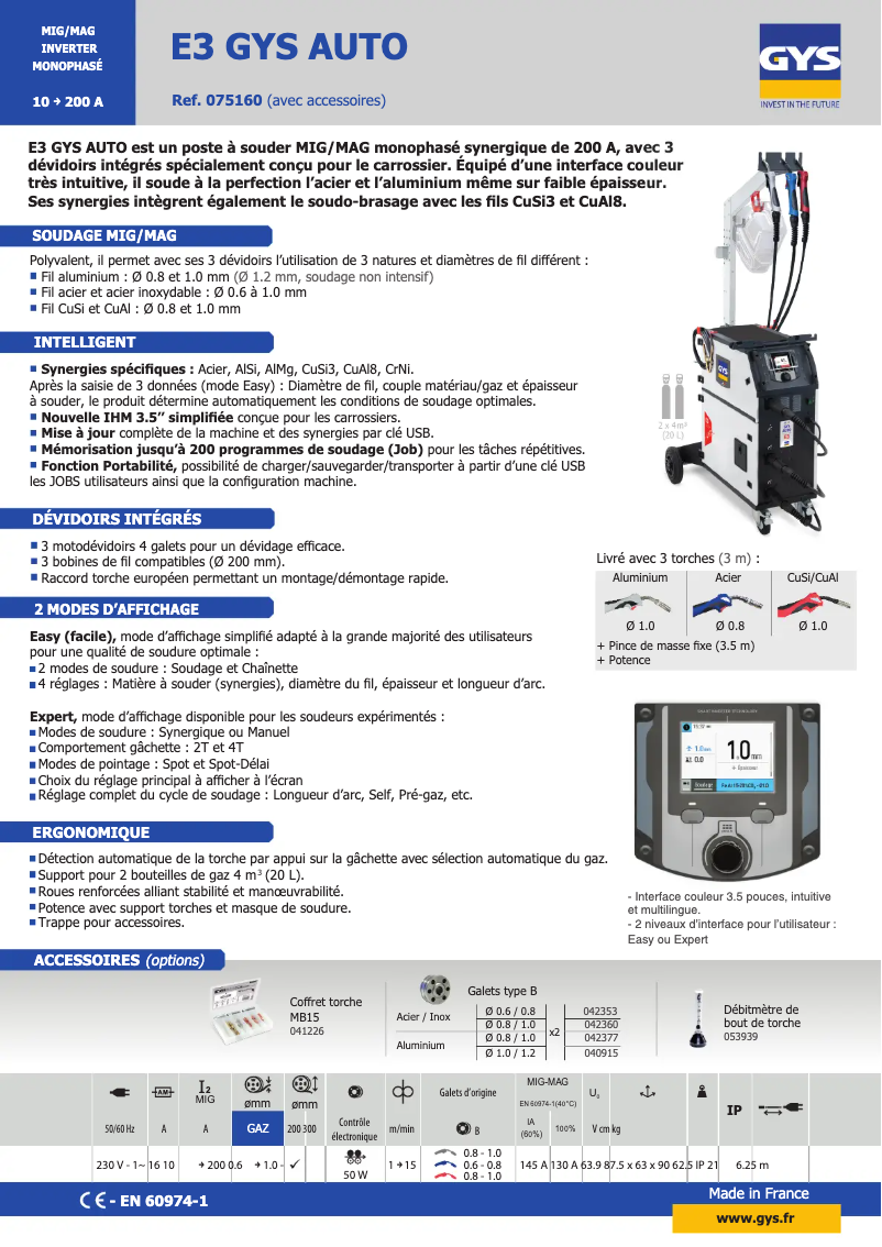 Page 1 de la notice Fiche technique GYS Auto E3