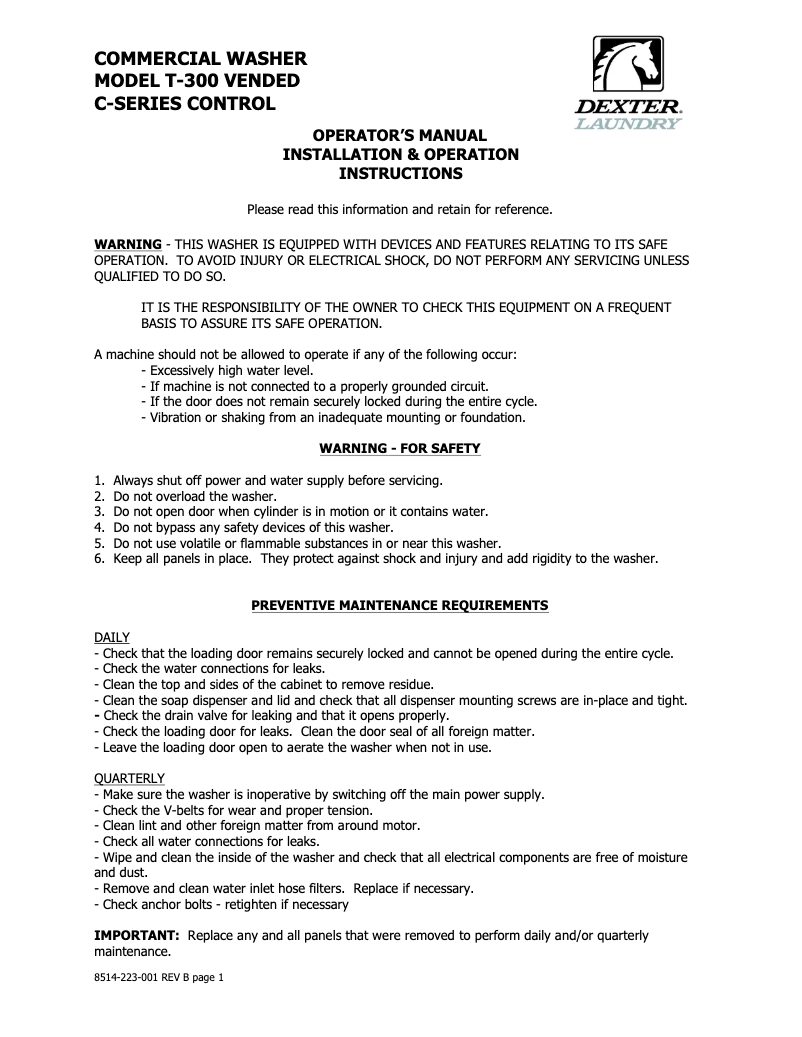 Page 1 de la notice Manuel utilisateur Dexter T-300