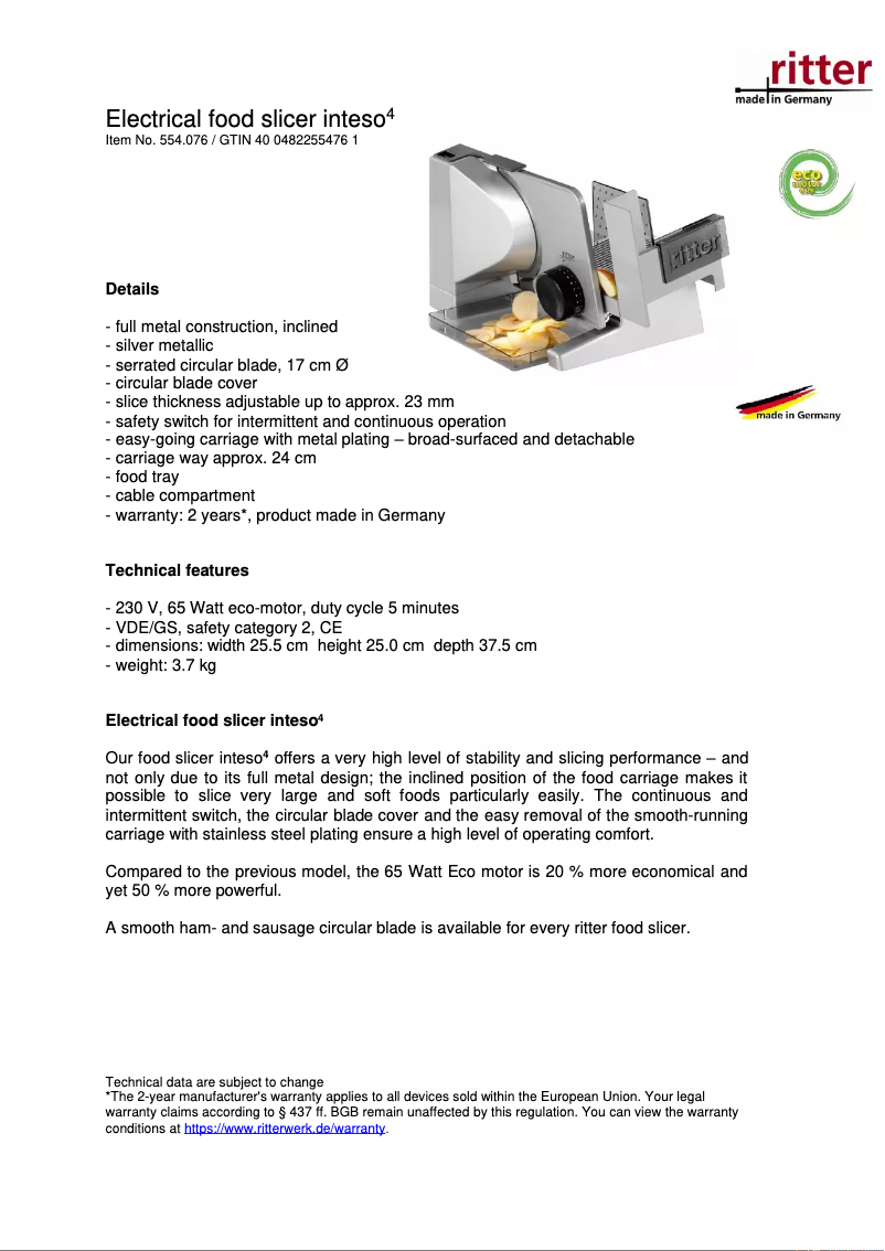 Page 1 de la notice Fiche technique Ritter inteso4