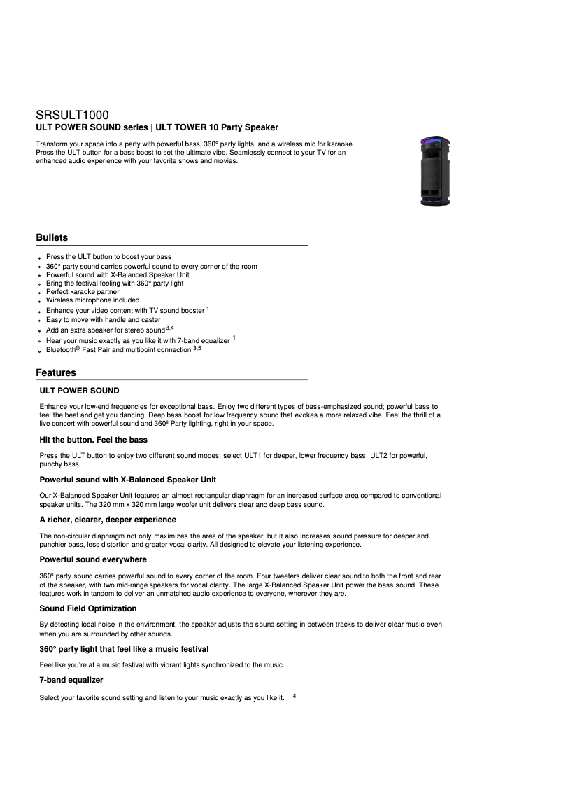 Página 1 del manual Ficha técnica Sony ULT TOWER 10