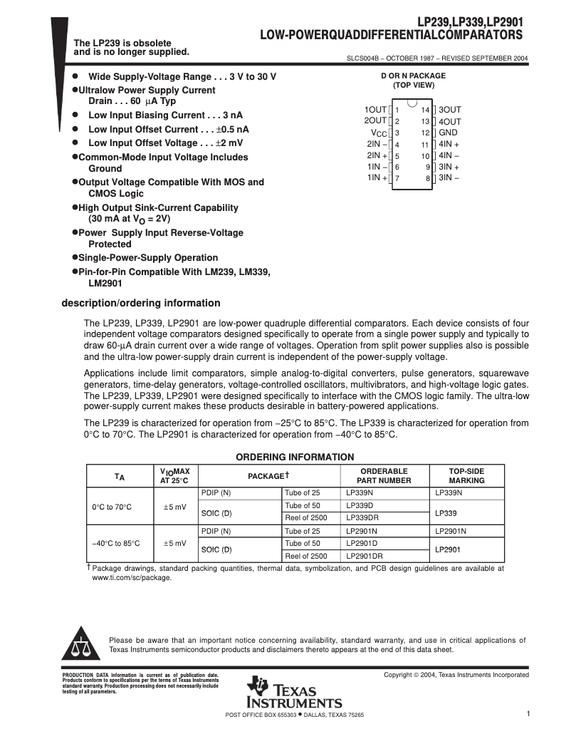 Page 1 de la notice Manuel utilisateur Texas Instruments LP339N