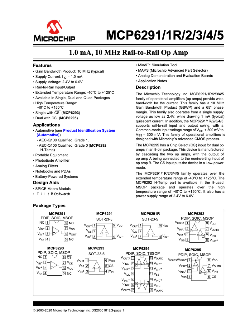 Page 1 de la notice Fiche technique Microchip MCP6292