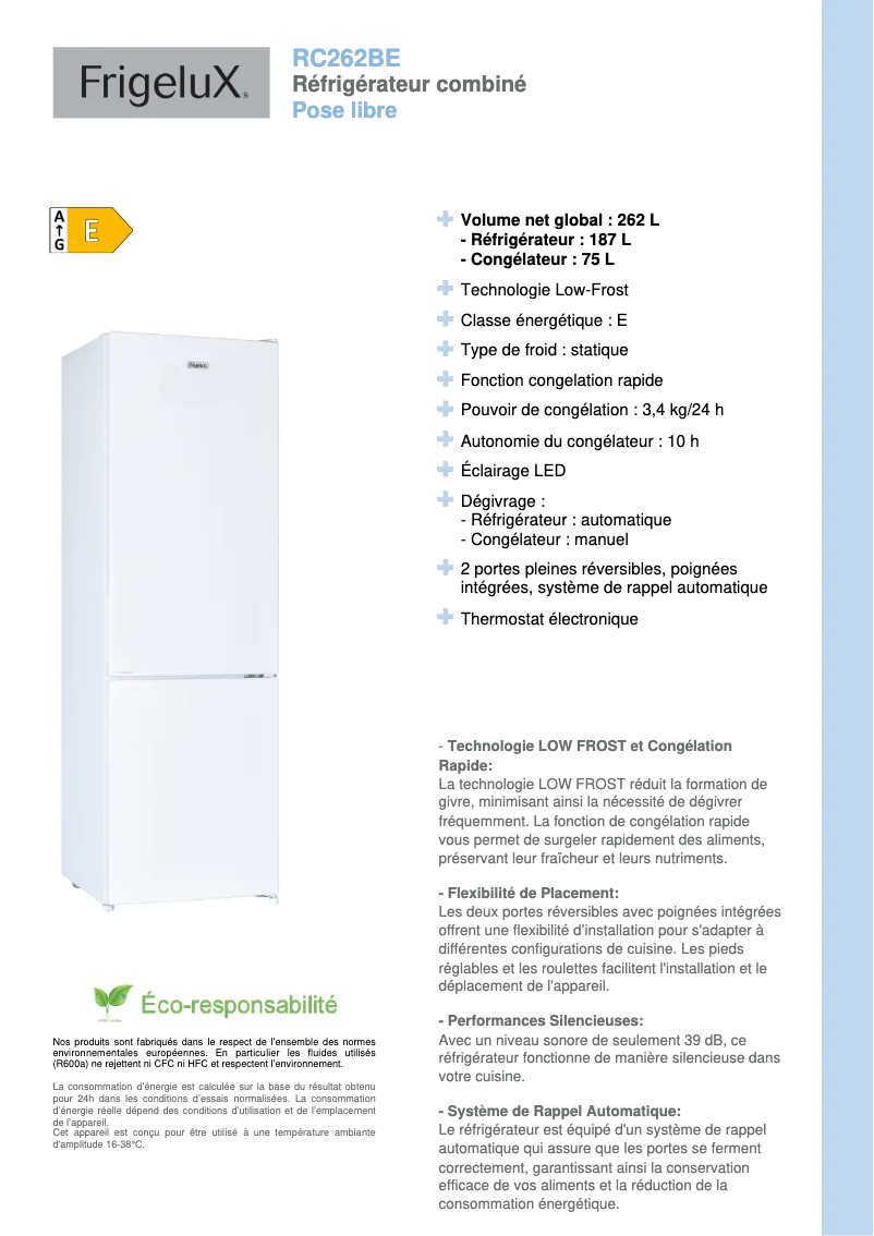 Página 1 del manual Ficha técnica FrigeluX RC262BE