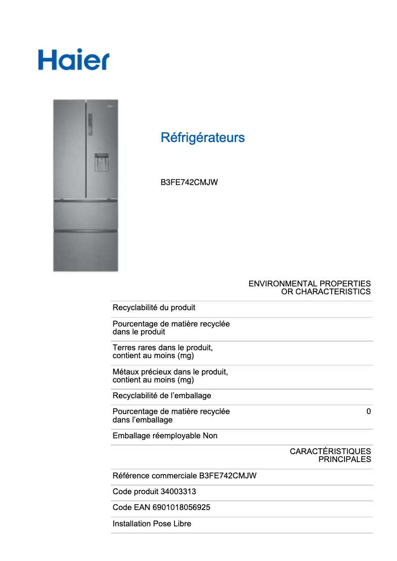 Page n°1 - Label énergétique Haier B3FE742CMJW
