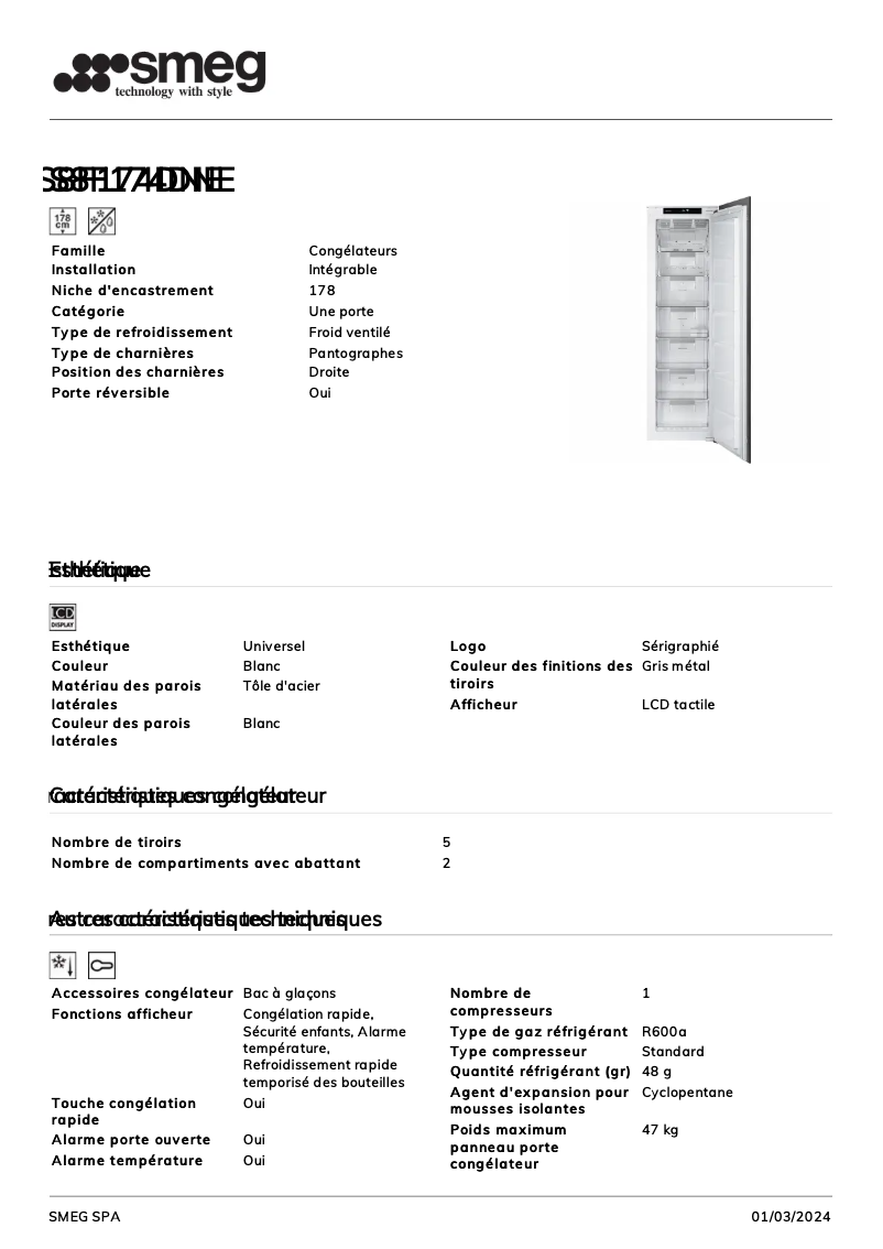 Page 1 de la notice Fiche technique Smeg S8F174DNE