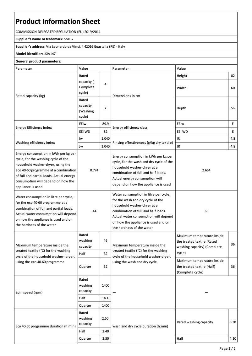 Page n°1 - Brochure Smeg LSIA147