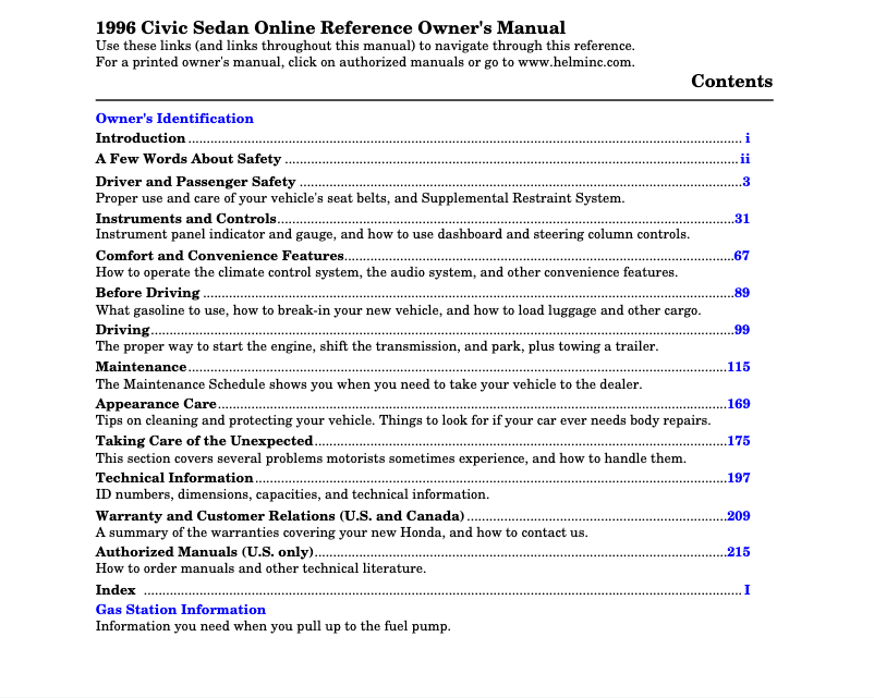 Page 1 de la notice Manuel utilisateur Honda Civic Sedan (1996)