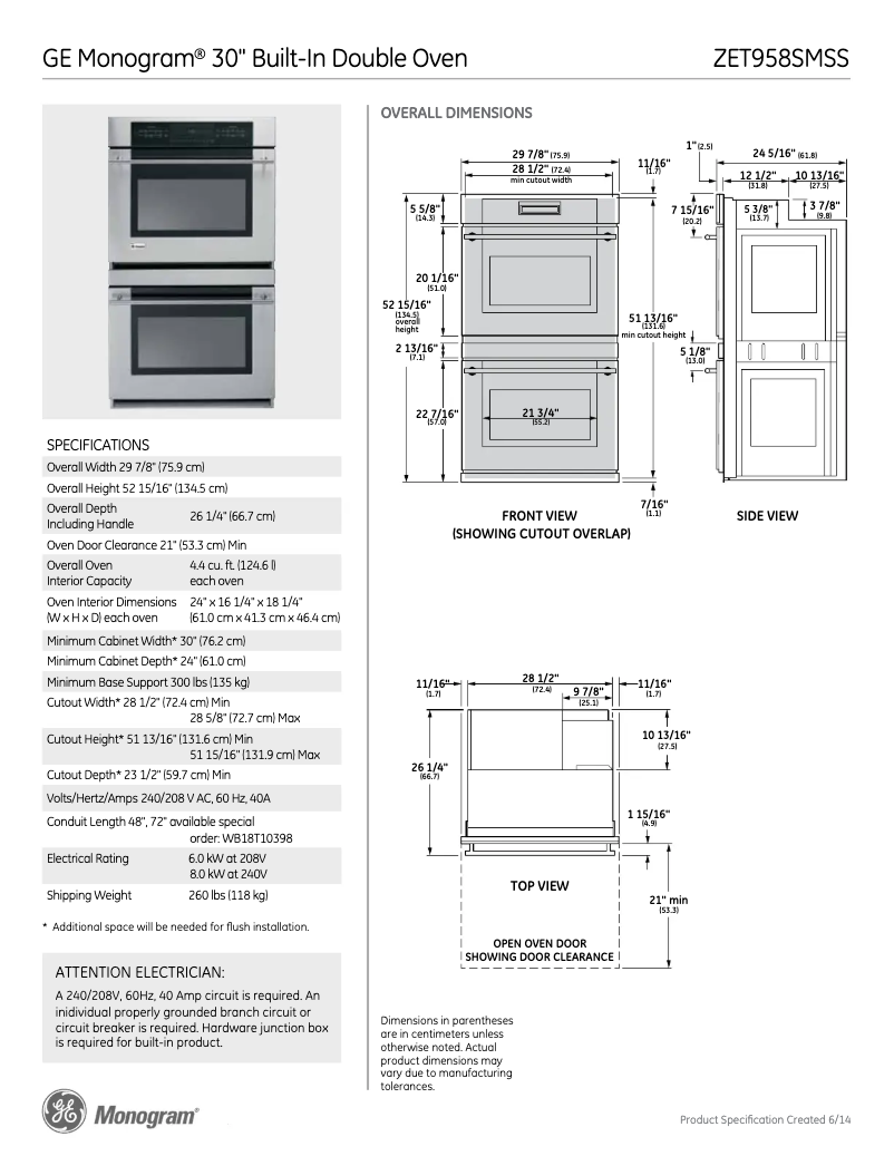 Page 1 de la notice Fiche technique GE ZET958BMBB