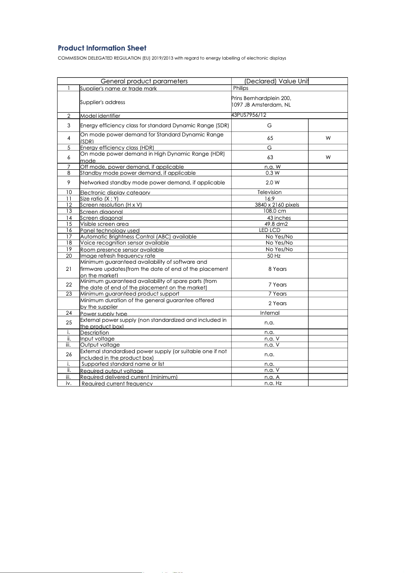 Page 1 de la notice Fiche technique Philips 43PUS7956