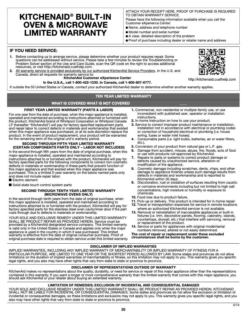 Page 1 de la notice Informations de garantie KitchenAid KODE300ESS