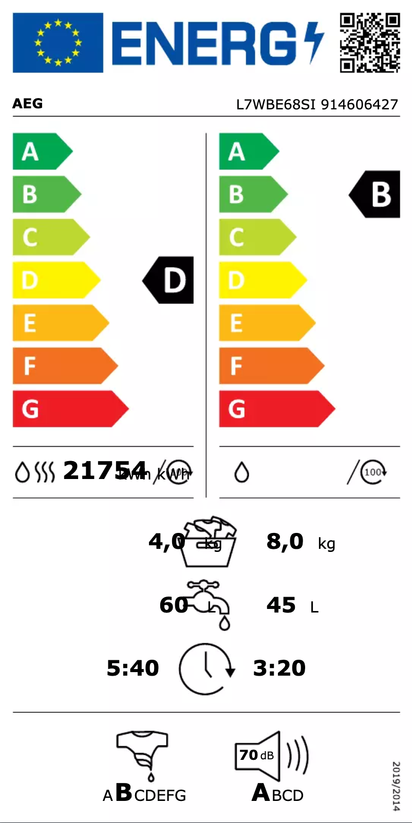 Page n°1 - Label énergétique AEG L7WBE68SI