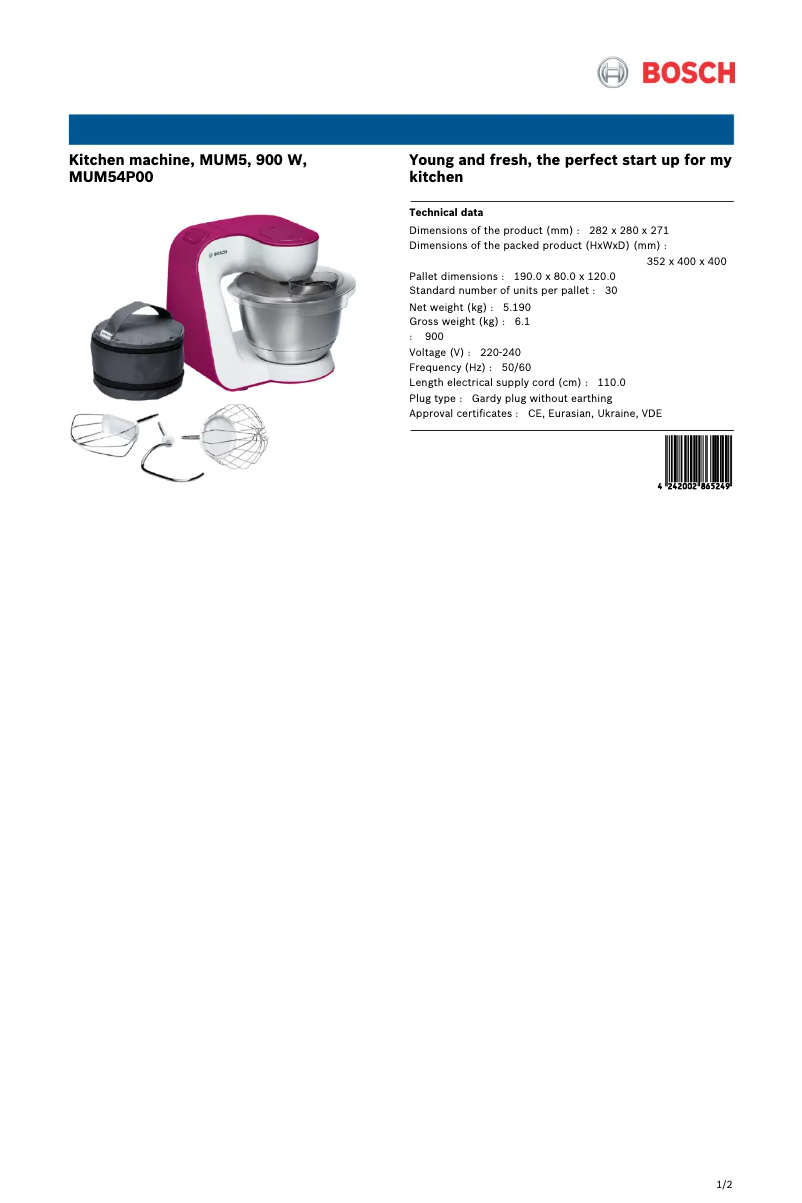 Page 1 de la notice Fiche technique Bosch MUM54P00