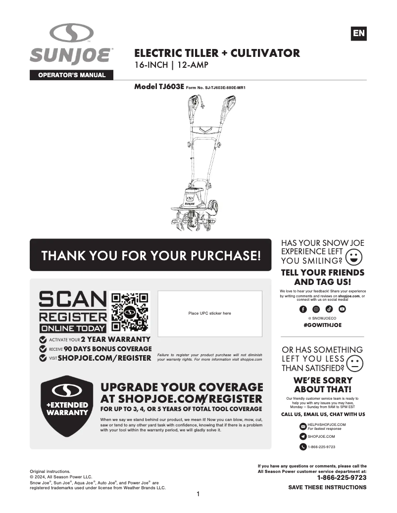 Page 1 de la notice Manuel utilisateur Sun Joe TJ603E