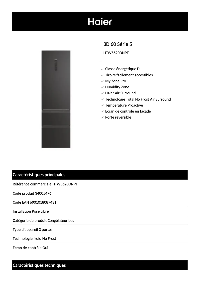 Page 1 de la notice Fiche technique Haier HTW5620DNPT