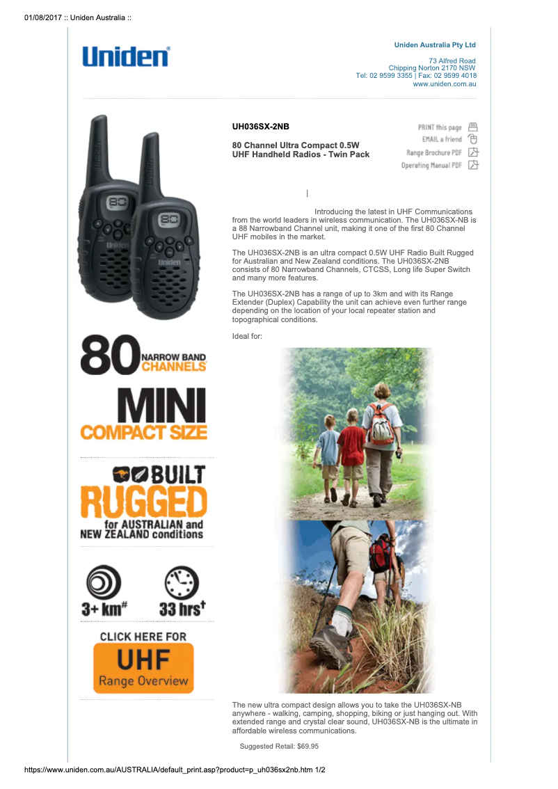 Page 1 de la notice Manuel utilisateur Uniden UH036SX-2NB
