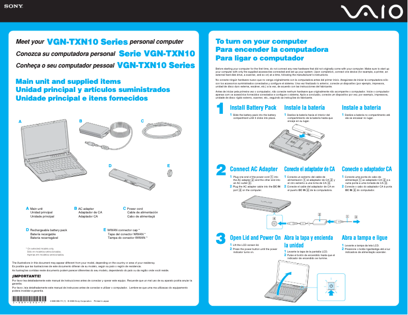 Page 1 de la notice Guide d'installation Sony Vaio VGN-TXN19P