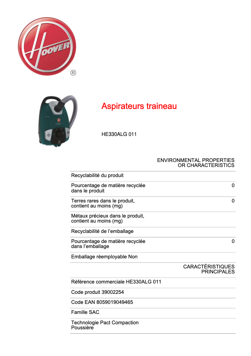 Page 1 de la notice Fiche technique Hoover HE330ALG 011