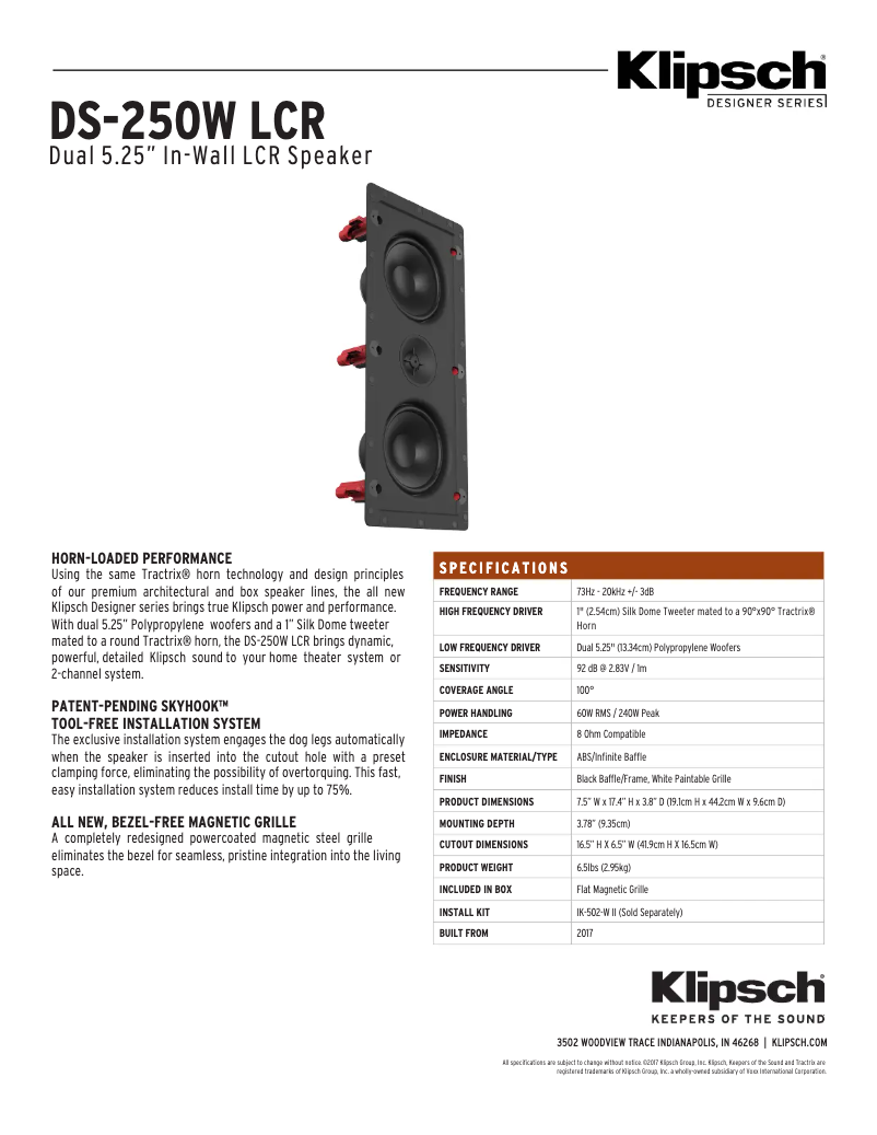 Page n°1 - Fiche technique Klipsch DS-250W LCR