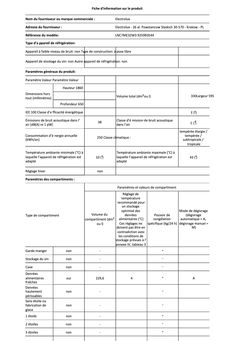 Page 1 de la notice Fiche technique Electrolux LNC7ME32W3
