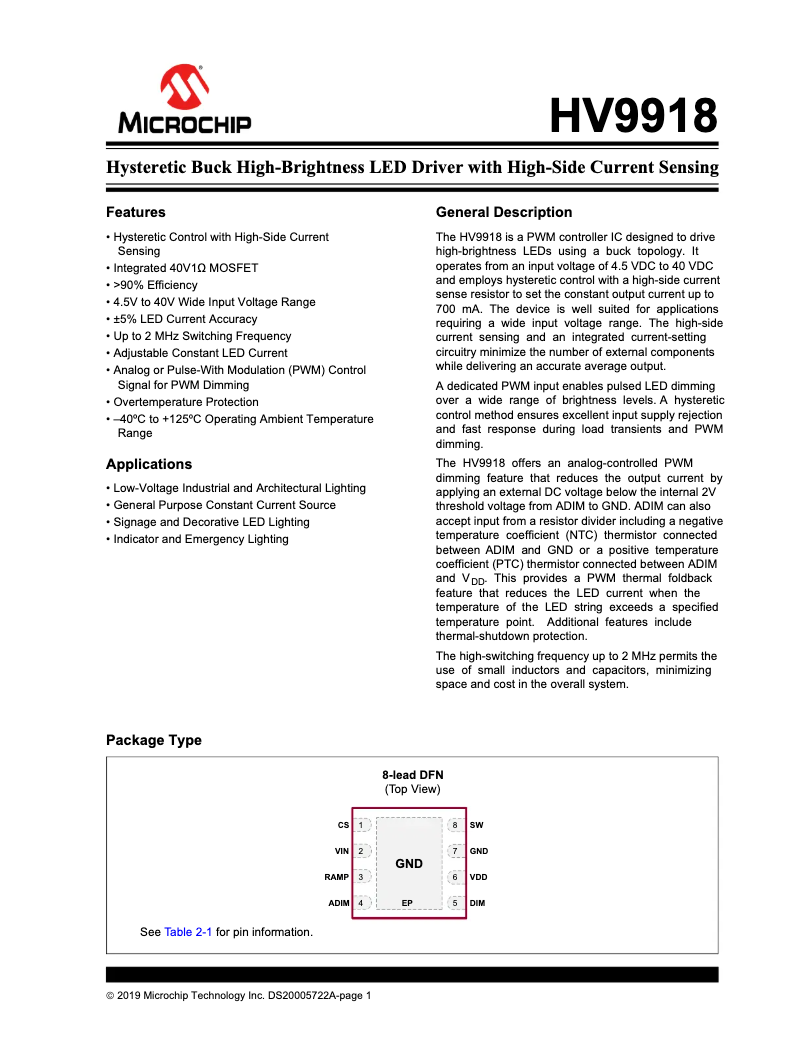 Page 1 de la notice Manuel utilisateur Microchip HV9918