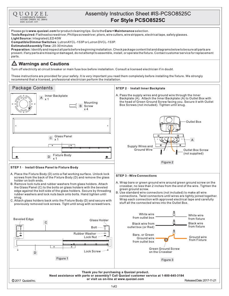 Page n°1 - Manuel utilisateur Quoizel PCSO8525C