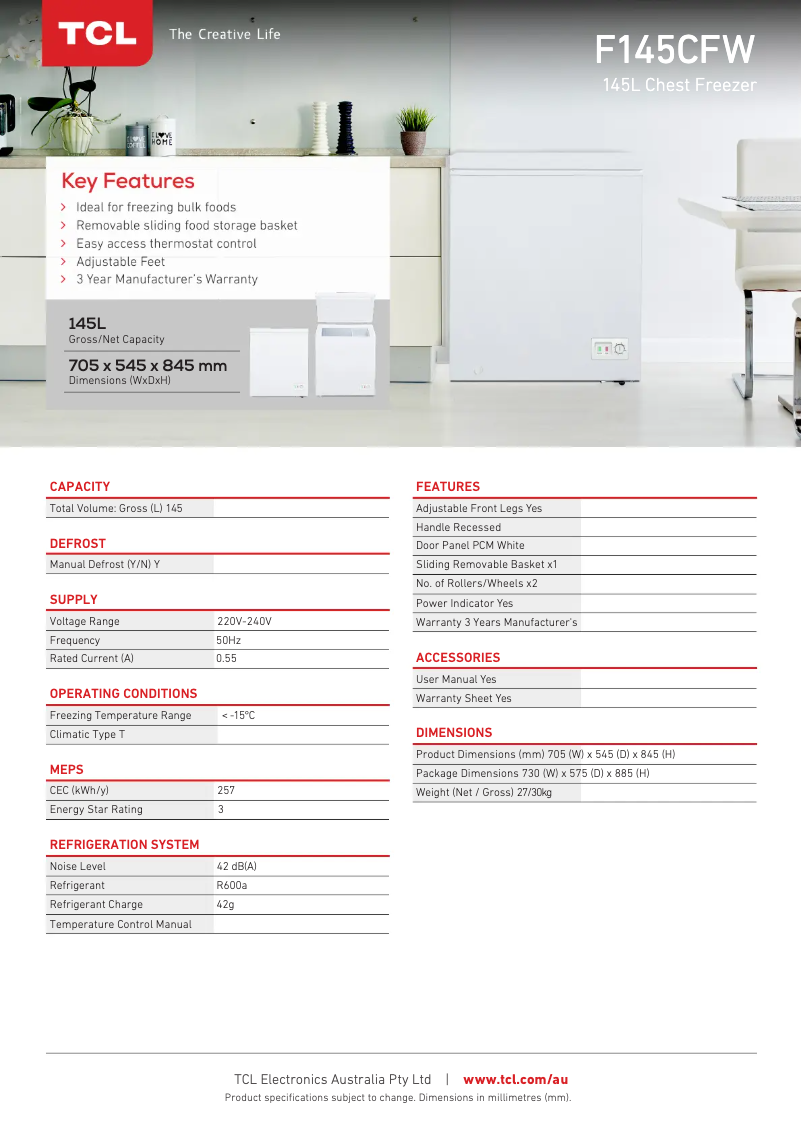 Page 1 de la notice Fiche technique TCL F145CFW