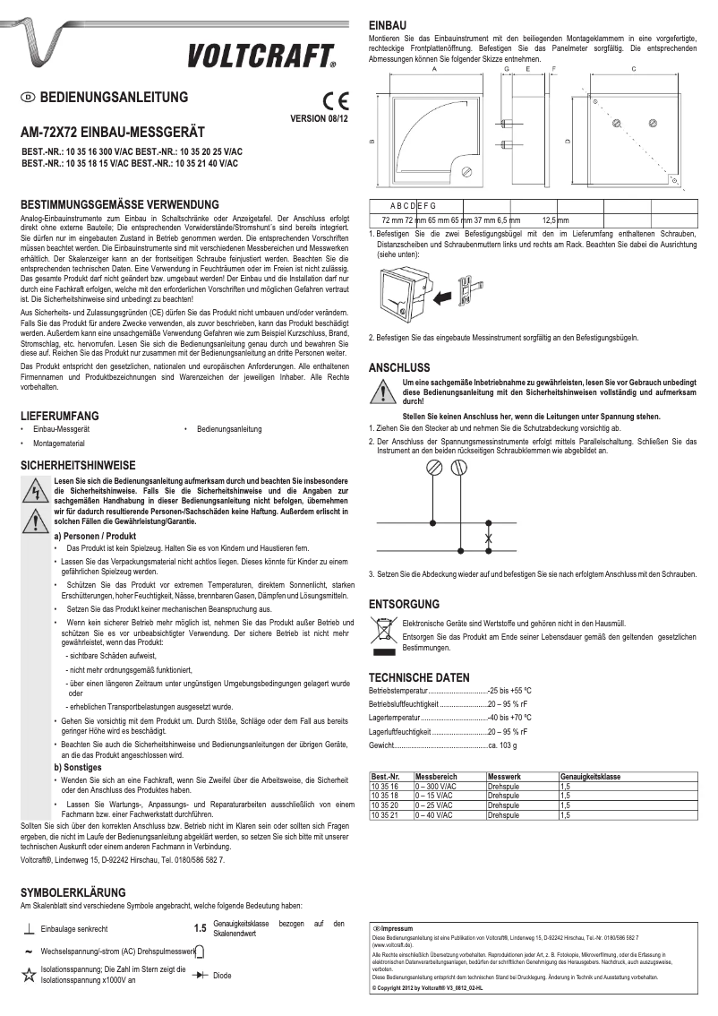 Page 1 de la notice Manuel utilisateur Voltcraft AM-72x72
