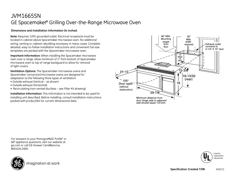Page 1 de la notice Fiche technique GE Spacemaker JVM1665SNSS