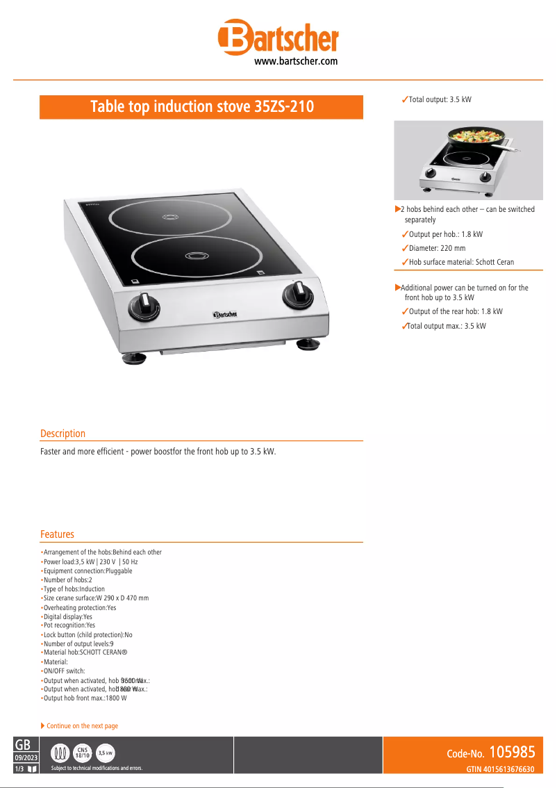 Page n°1 - Fiche technique Bartscher ZS-210