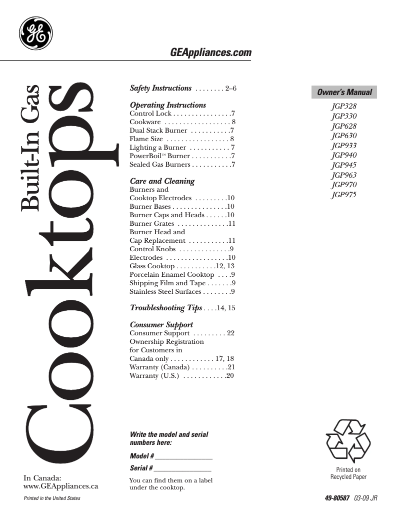 Page 1 of the manual Use and Maintenance Manual GE JGP328BEJBB