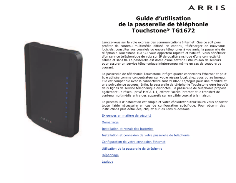 Page 1 de la notice Manuel utilisateur Arris Touchstone TG1672