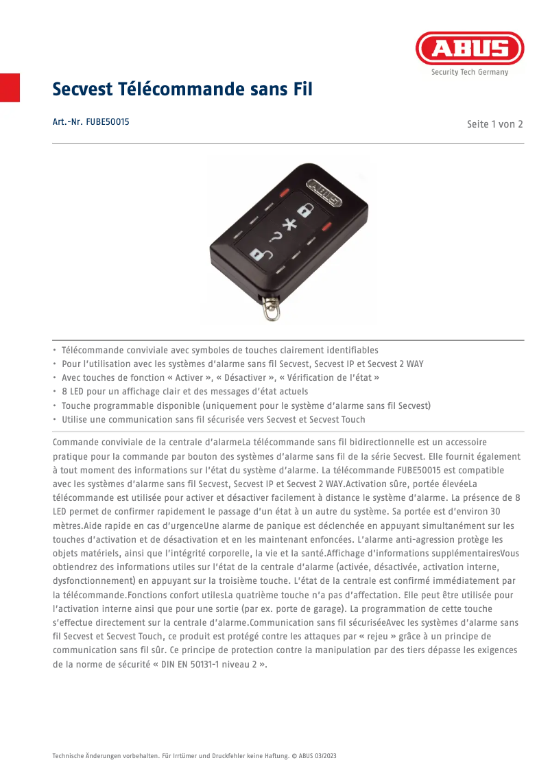 Page n°1 - Fiche technique Abus FUBE50015