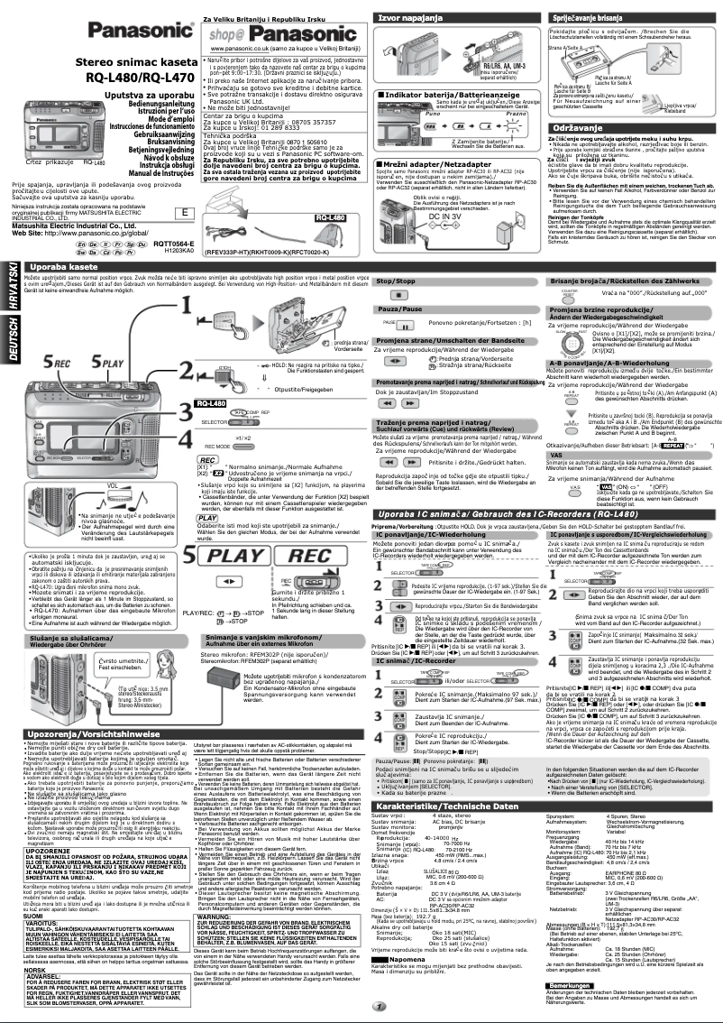 Page 1 de la notice Manuel utilisateur Panasonic RQ-L480