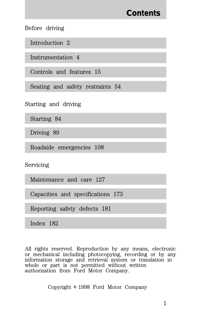 Page 1 de la notice Manuel utilisateur Mercury Sable (1998)