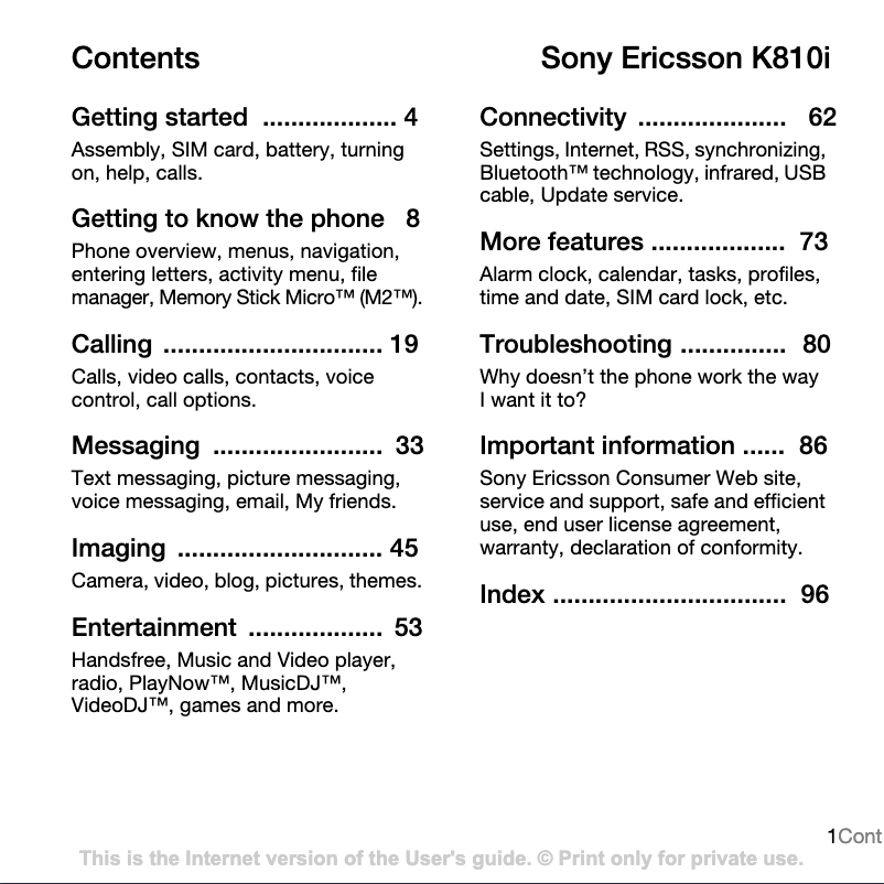 Page n°1 - Manuel utilisateur Sony Ericsson K810