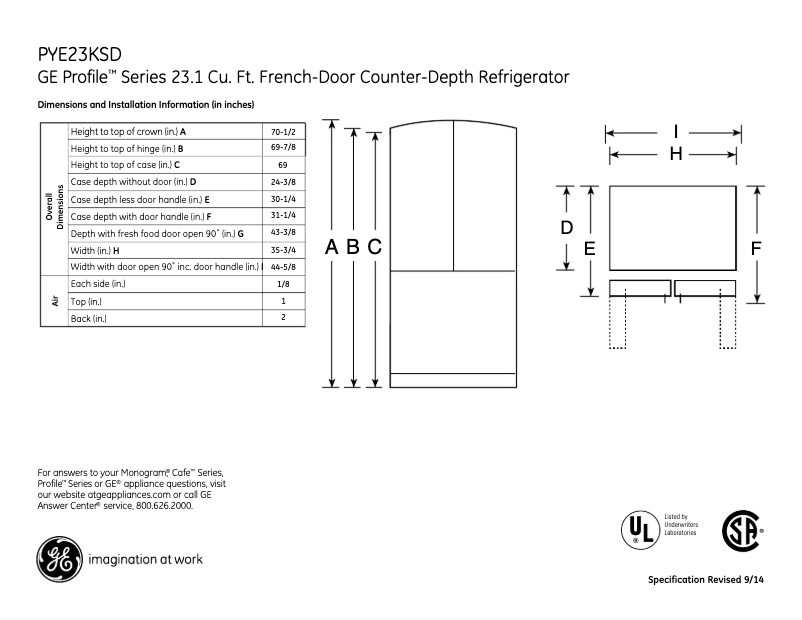 Page n°1 - Fiche technique GE Profile PYE23KSDSS