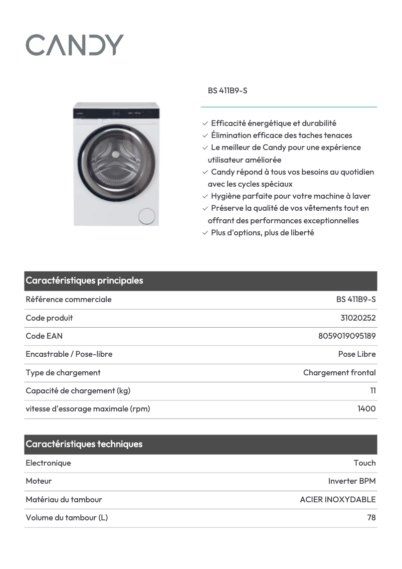 Page 1 de la notice Fiche technique Candy BS 411B9-S
