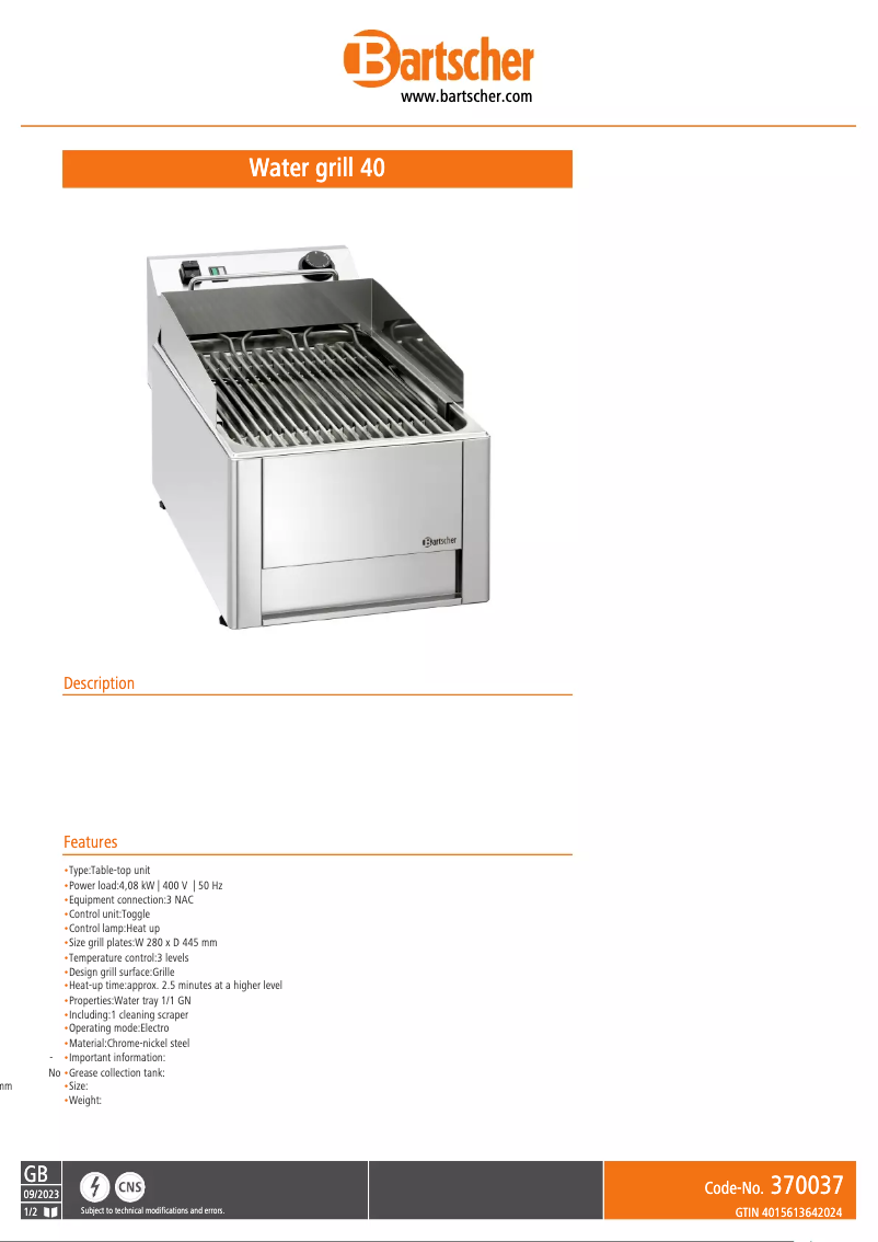 Page 1 de la notice Fiche technique Bartscher 370037