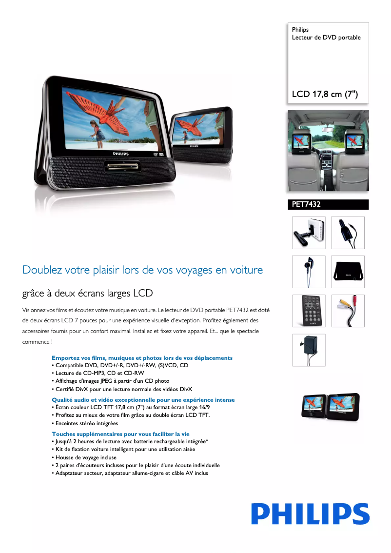 Page 1 de la notice Fiche technique Philips PET7432
