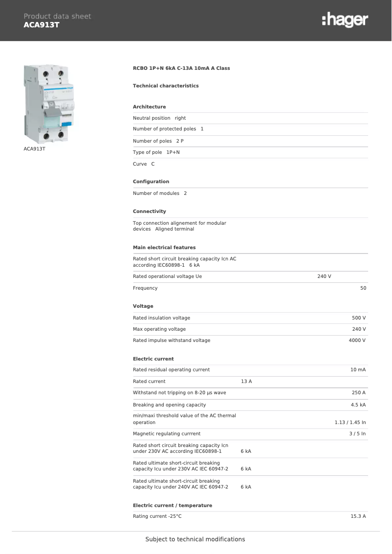 Page 1 de la notice Fiche technique Hager ACA913T