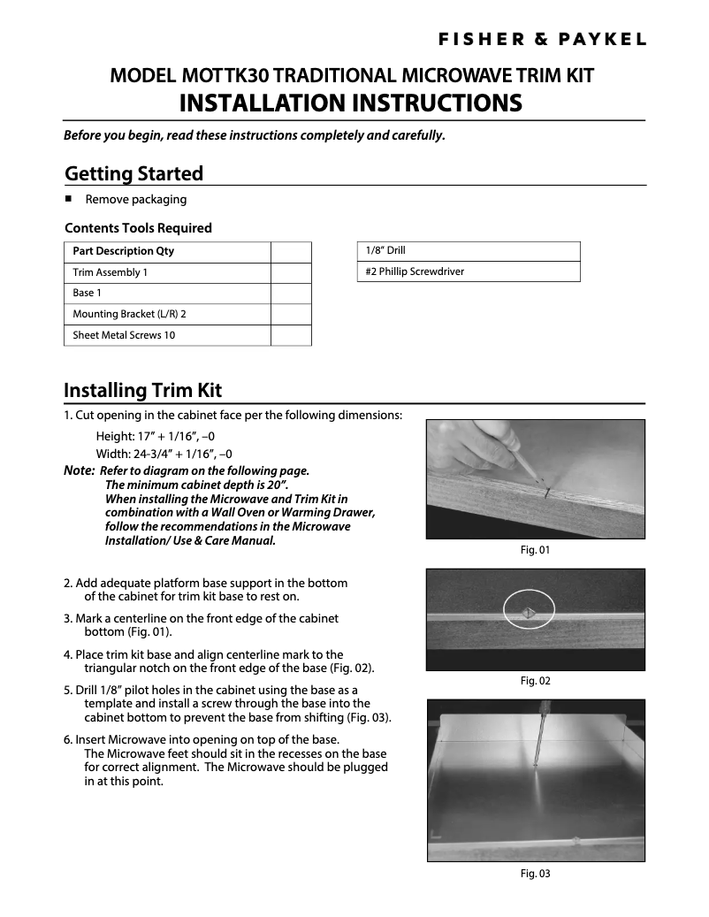 Page 1 de la notice Guide d'installation Fisher & Paykel MOTTK-30