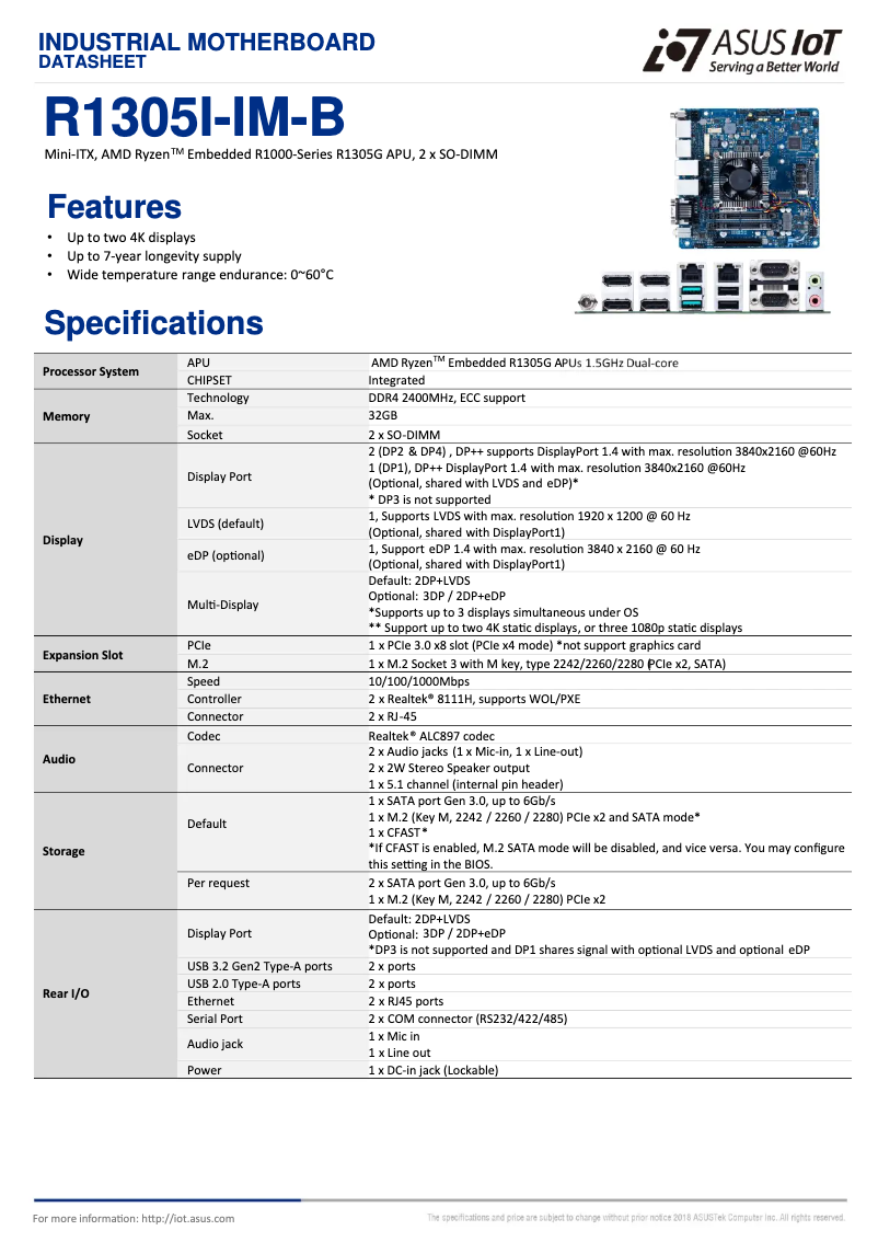 Page 1 de la notice Fiche technique Asus R1305I-IM-B