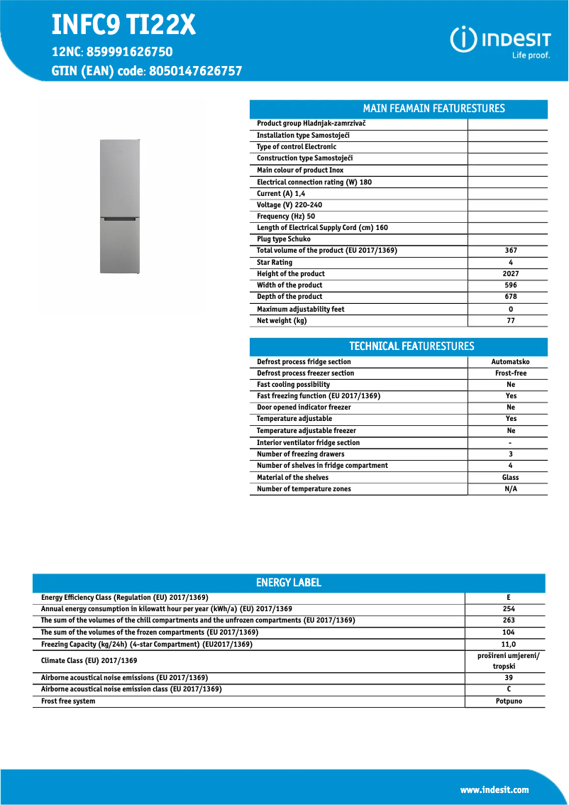 Page 1 de la notice Fiche technique Indesit INFC9 TI22X
