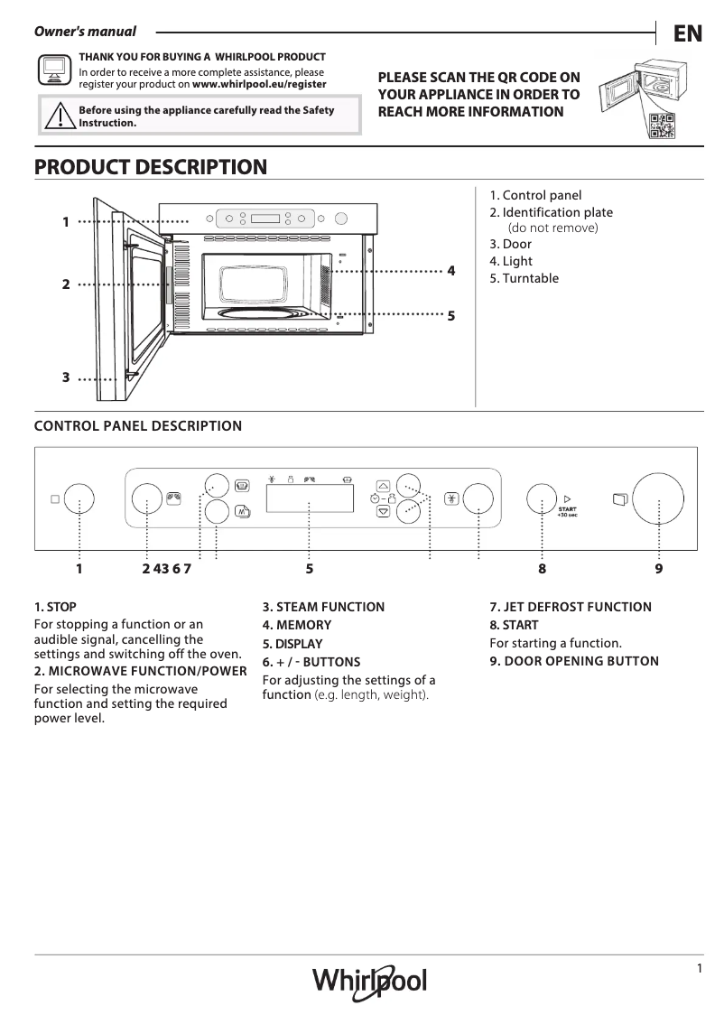 Página 1 del manual Manual de uso y mantenimiento Whirlpool AMW 424/IX