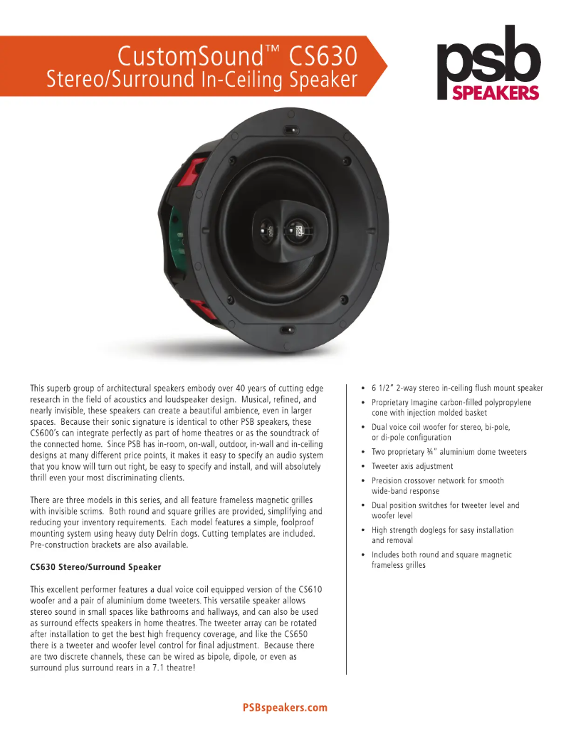 Page 1 de la notice Fiche technique PSB CS630