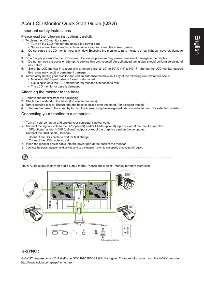 Page 1 de la notice Guide de démarrage rapide Acer XB273UF